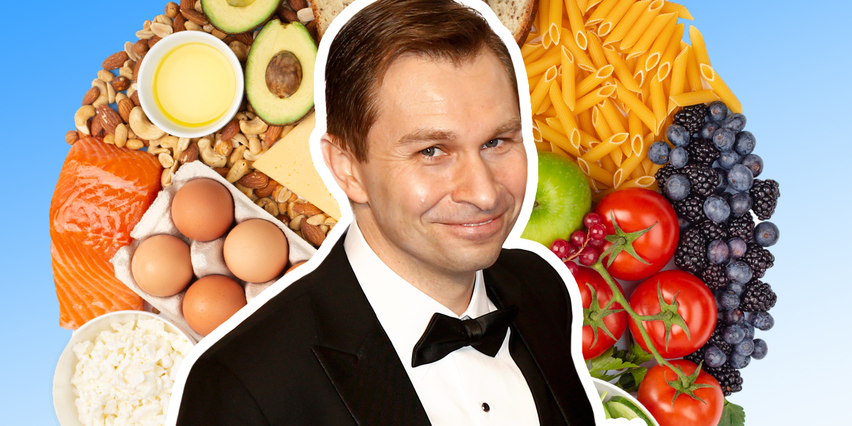 David Sinclair in a suit with background consisting of various foods