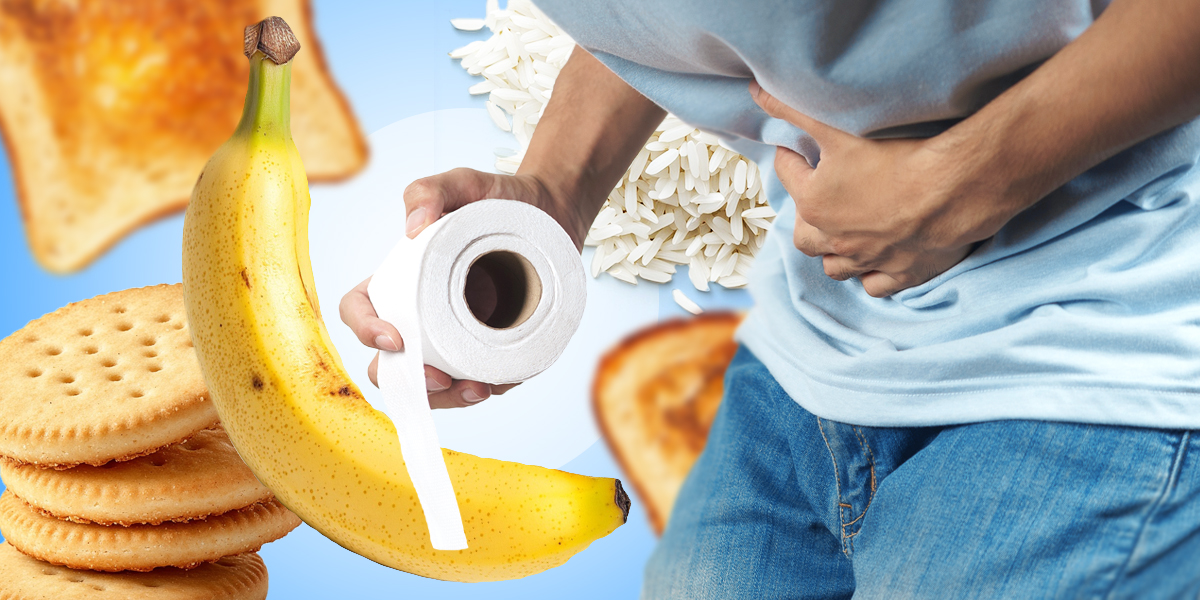 Person having stomach problems holding toilet paper with BRAT diet foods in the background