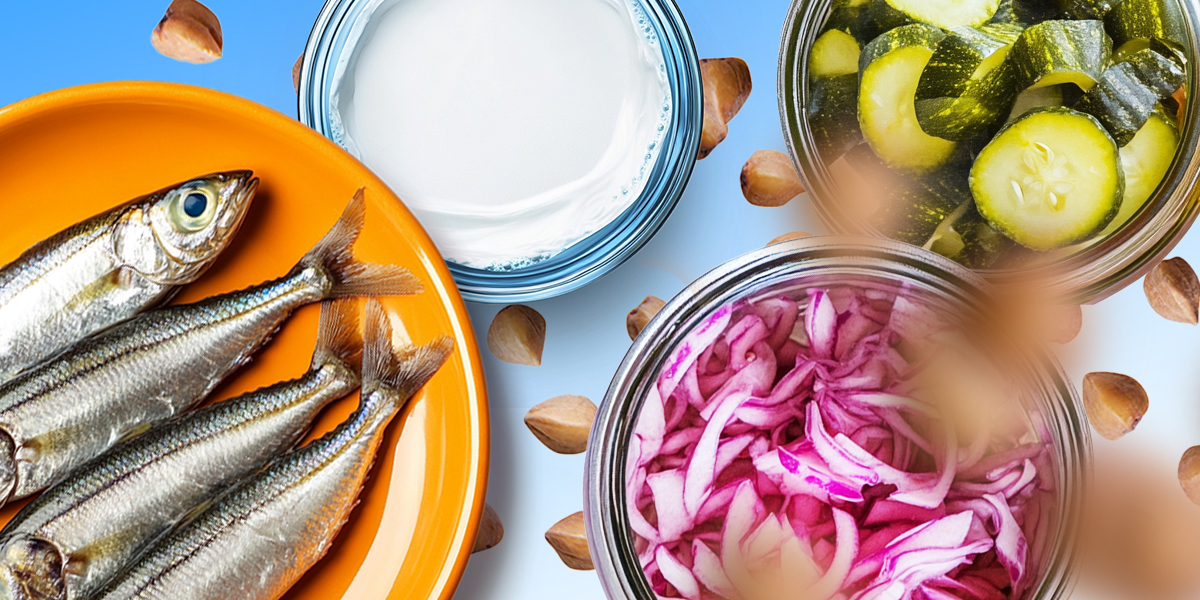 Herring, kefir, buckwheat and fermented vegetables on the blue background.