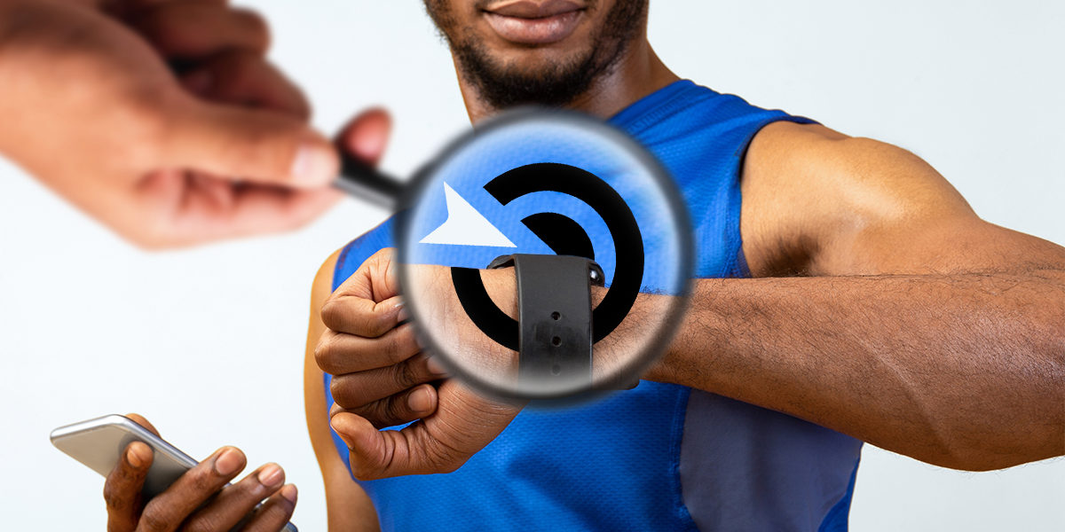 Collage of a person looking at the fitness tracker on their hand under a magnifying glass