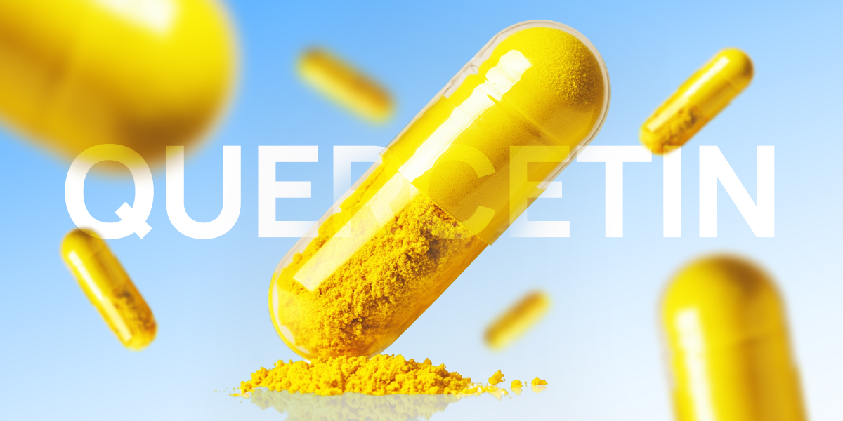 Splashes of yellow pills, with the word 'Quercetin' displayed in bold text