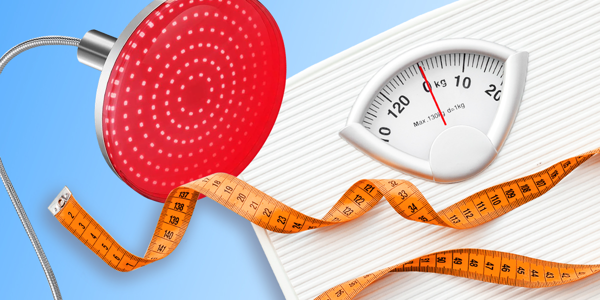 Red light therapy lamp and measuring tape with scales in blue background