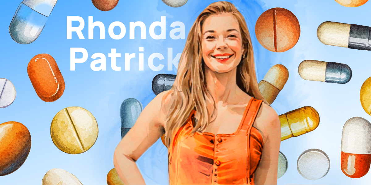 Rhonda Patrick standing behind a blue vitamins falling background