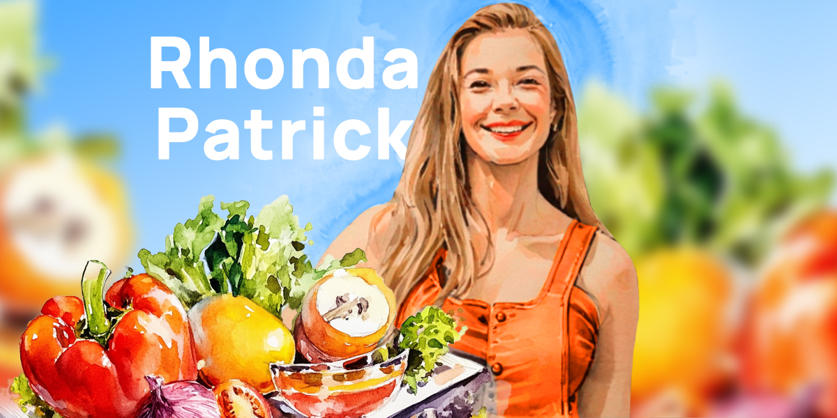 Illustration of Rhonda Patrick with a table full of vegetables