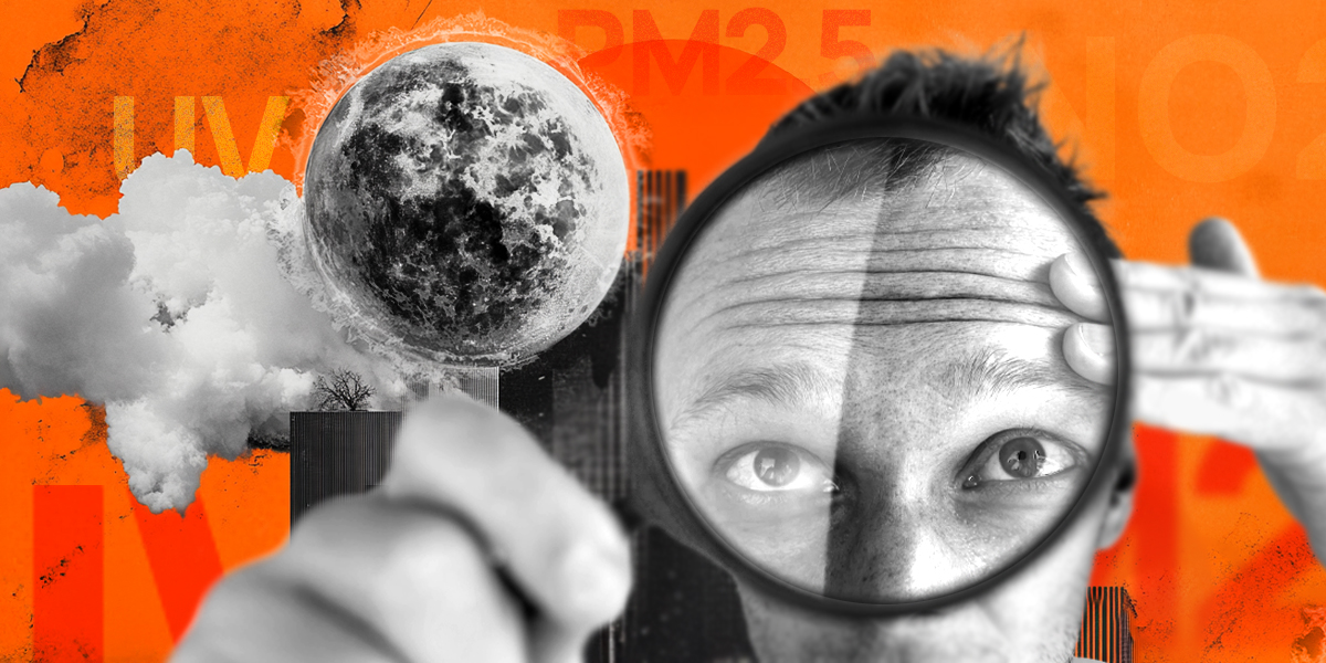 A collage of a person under a magnifying glass set against an orange background