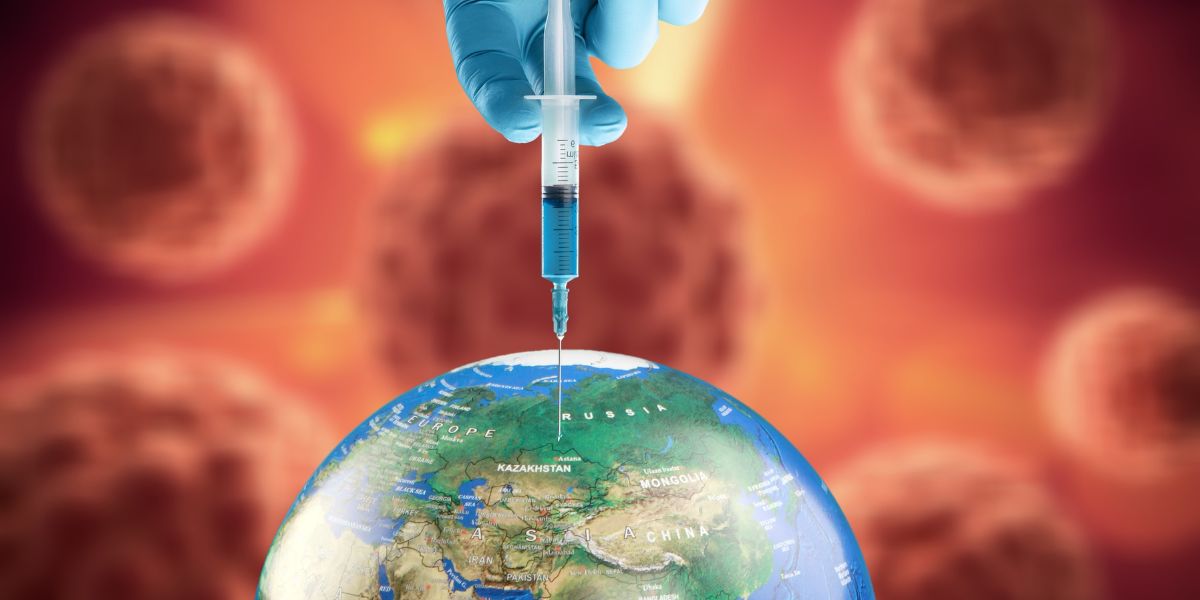 Vaccine injecting into a blue globe on an orange background