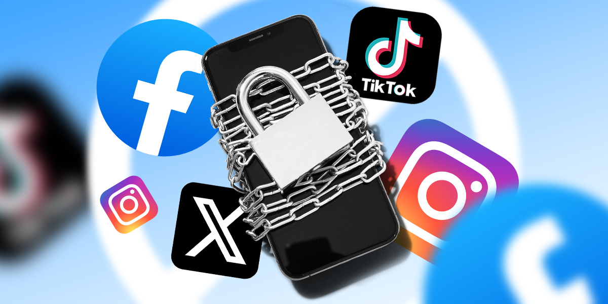 Chained and locked smartphone with icons of popular social media apps like X and TikTok.