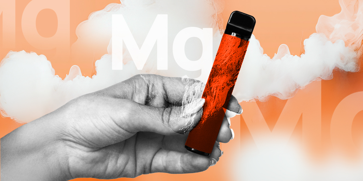 Orange vaping device with white vapor background