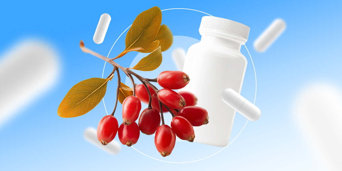 Collage of berberine berries and a white supplement bottle set against a blue background