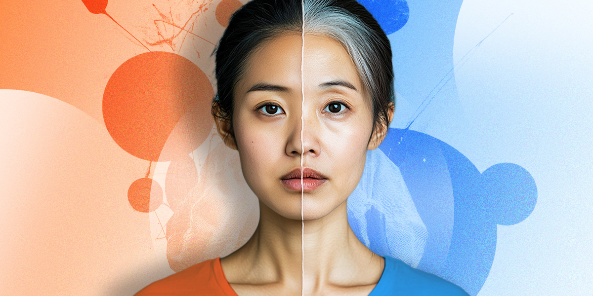 Asian person split in two sides red being young blue being old