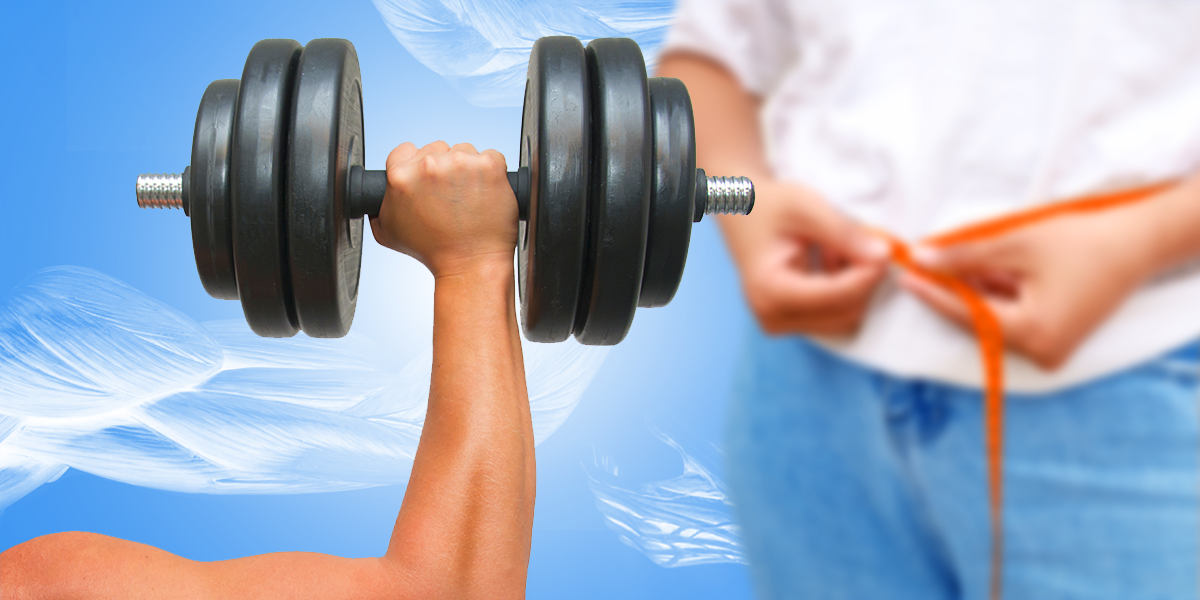 Arm holding a heavy dumbbell with person measuring waist in background
