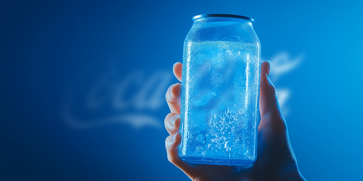 A hand holding a blue can with Coca-Cola's logo in the background