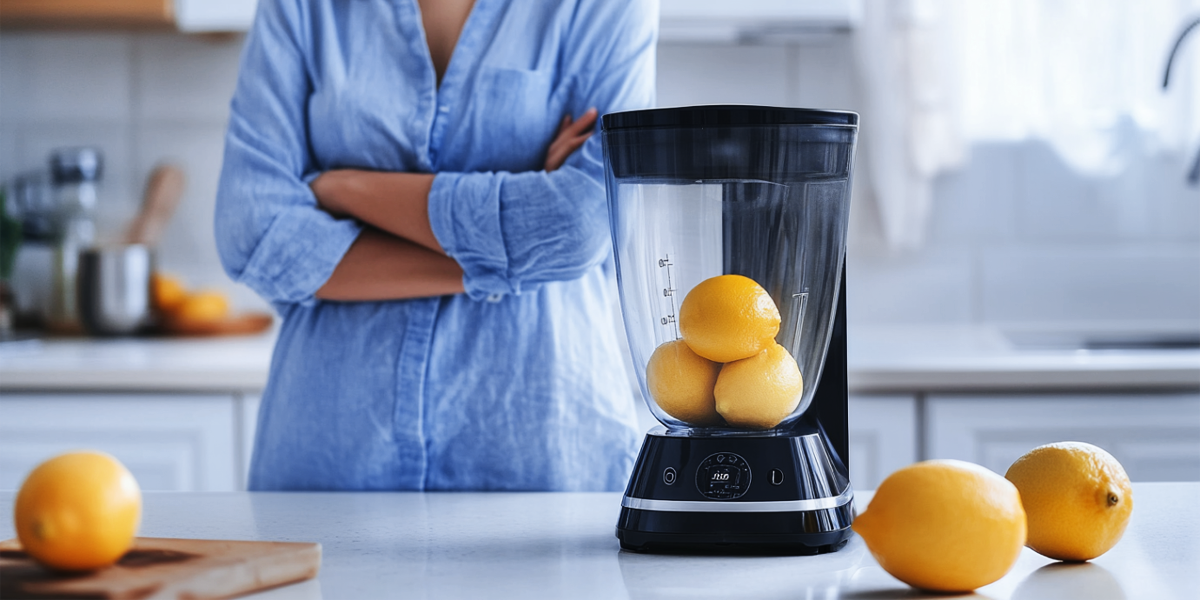 Person blending whole lemons to drink