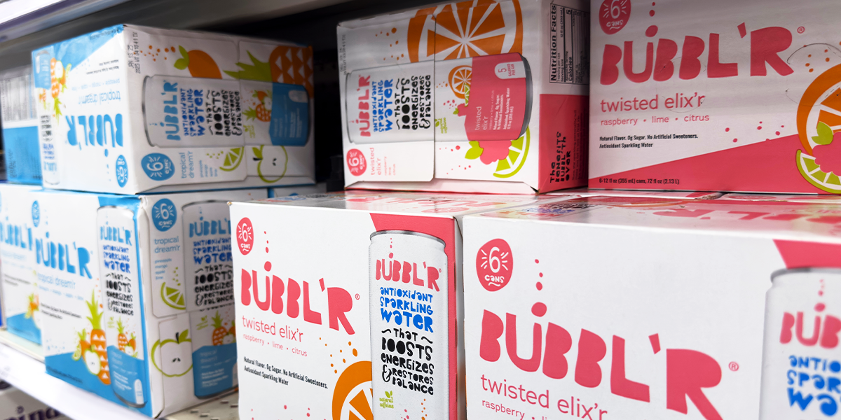 Cases of BUBBL'R sitting on store shelf