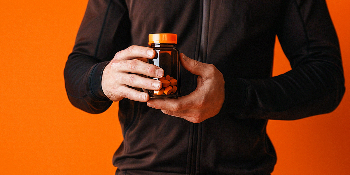 Person holding a supplement bottle set against an orange background