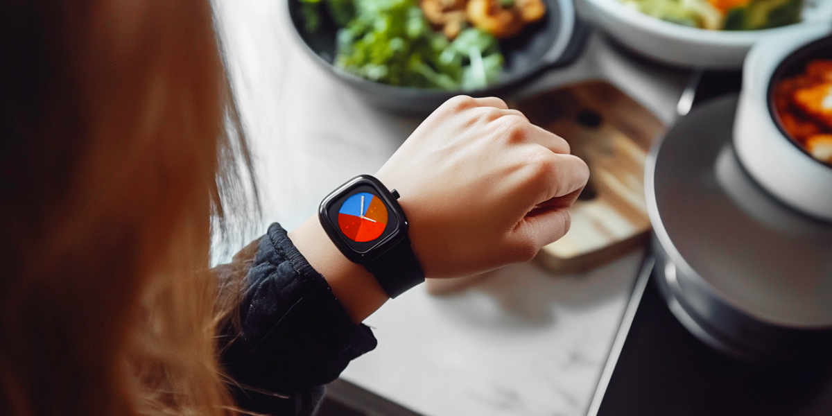 Person looking at their wrist that has a watch displaying time for fasting