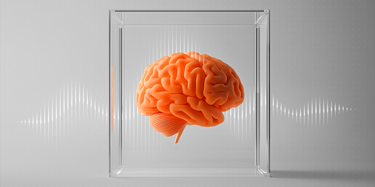 Orange brain in a glass cube with gray brain waves background