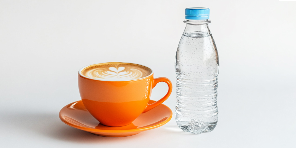 A cappuccino in a mug next to a bottle of sparkling water
