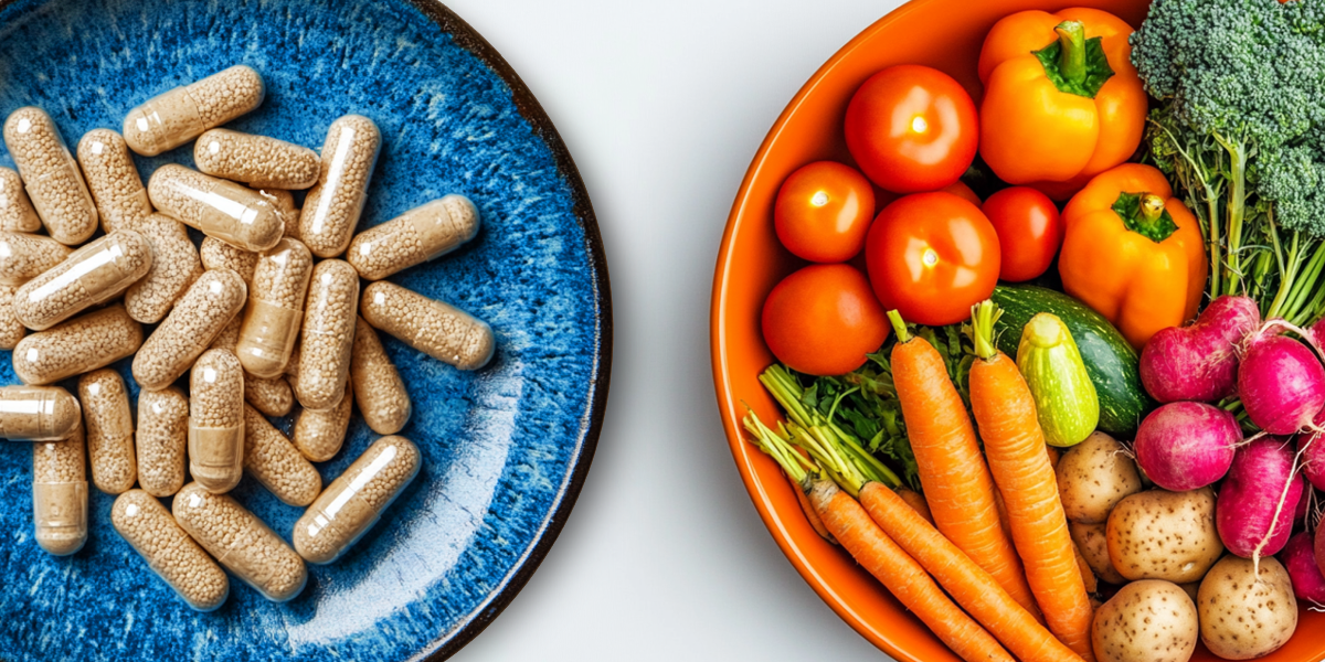 One bowl containing fiber supplements and another containing high-fiber veggies