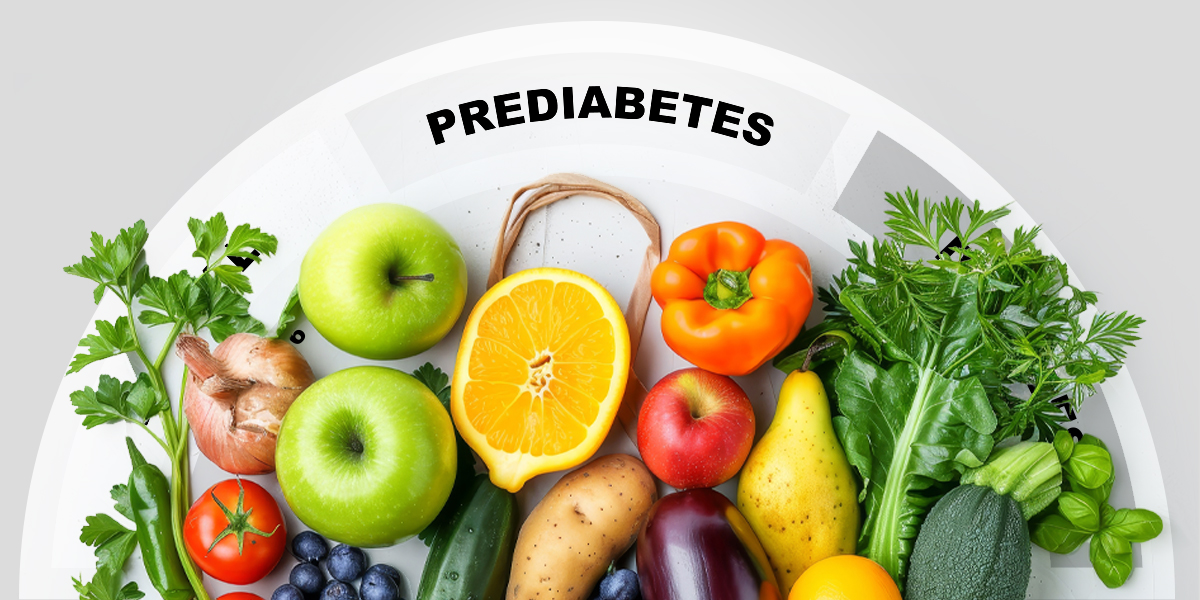 Plate full of vegetables and greens with the word prediabetes on it