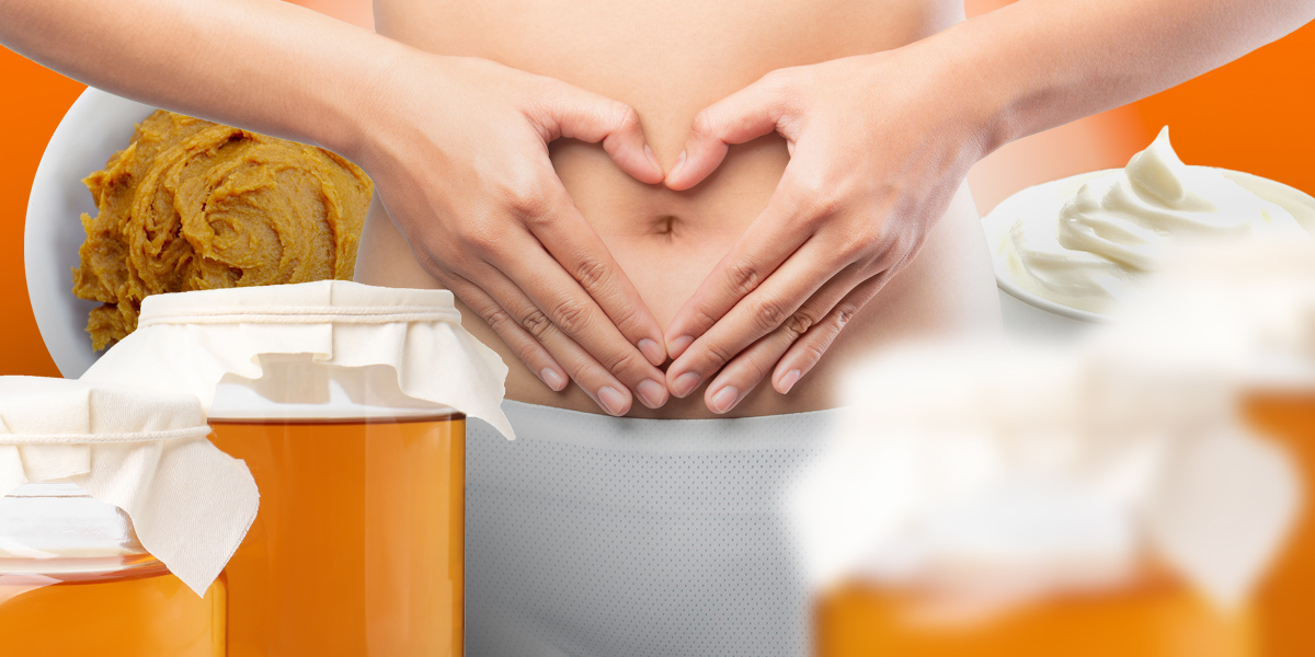 Collage of a person holding their stomach, yogurt, kombucha, and peanut butter in the background