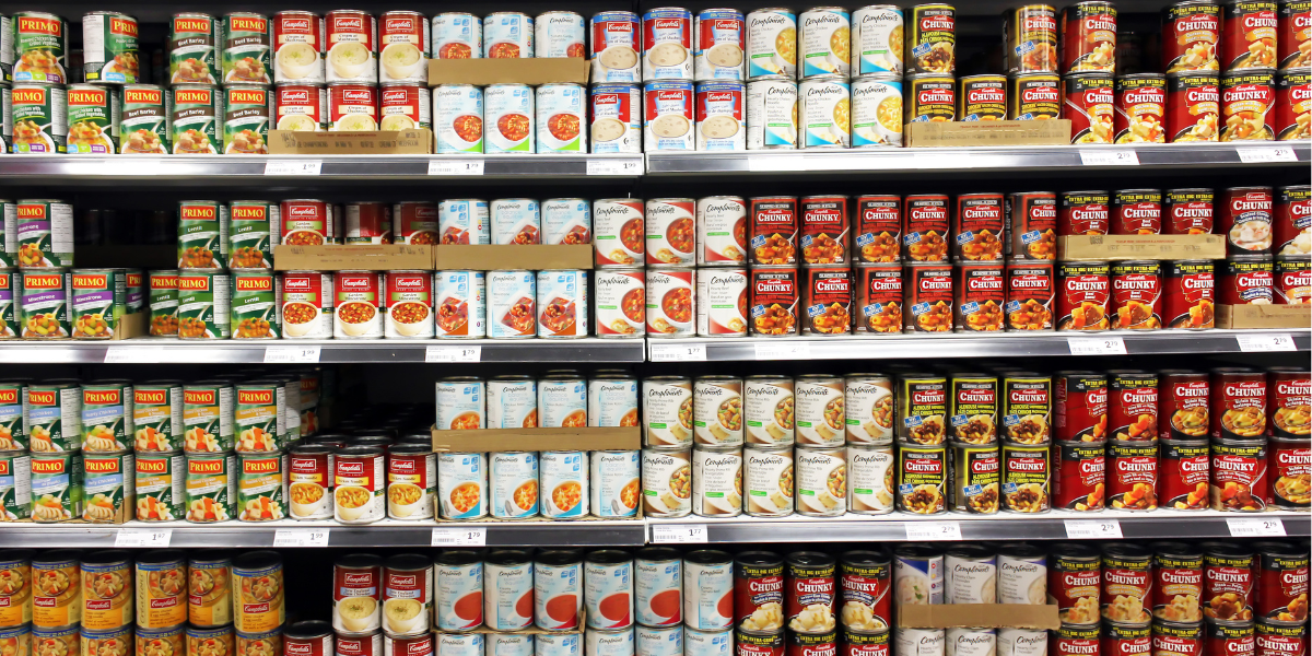 Canned food products in a supermarket.