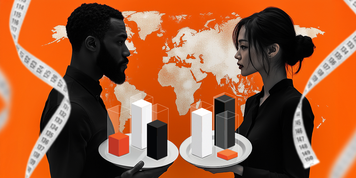Two people holding plates with statistics, map and measuring tape, set against an orange background
