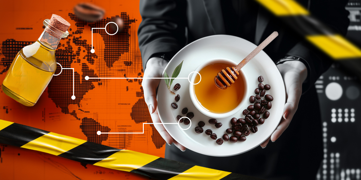 Collage of a person holding a bowl of honey, set against an orange world map background