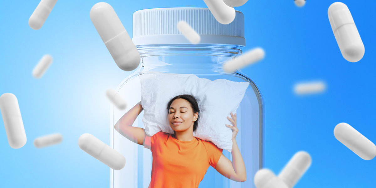 Person sleeping on a pillow with magnesium glycinate bottle in background
