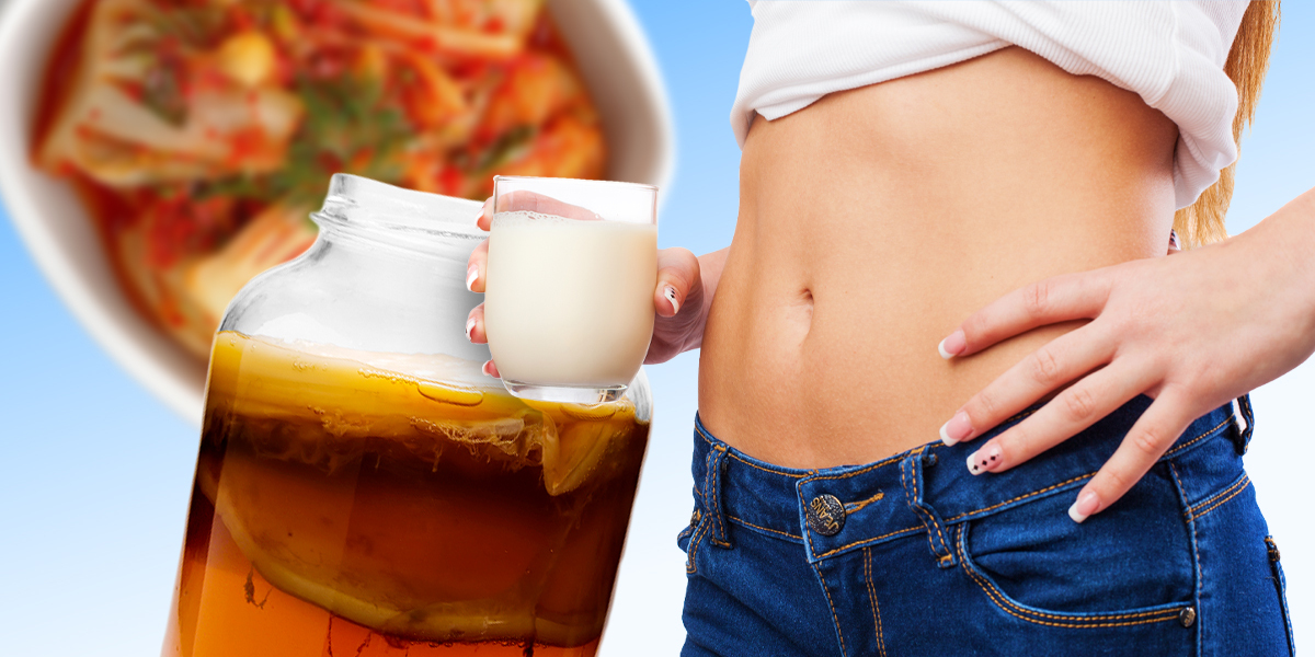 Persons stomach with heart hands near it with various foods for gut healths