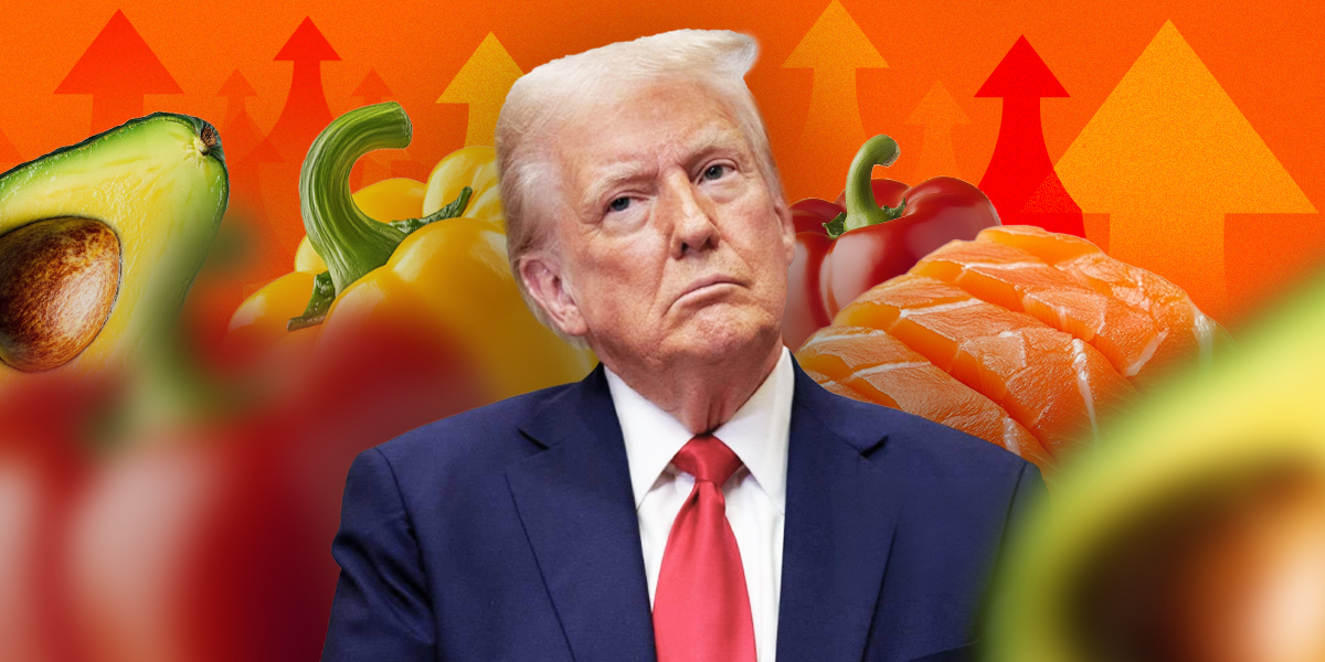 US president Donald Trump and salmon, avocados, and bell pepper on the background