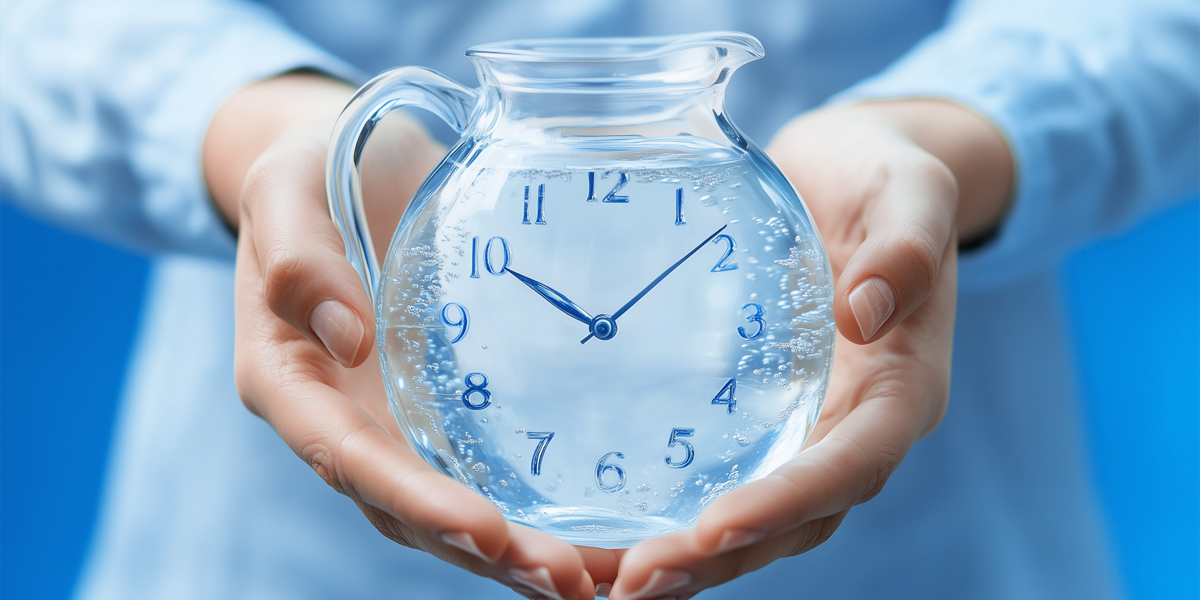 Person holding a glass pitcher with clock on it