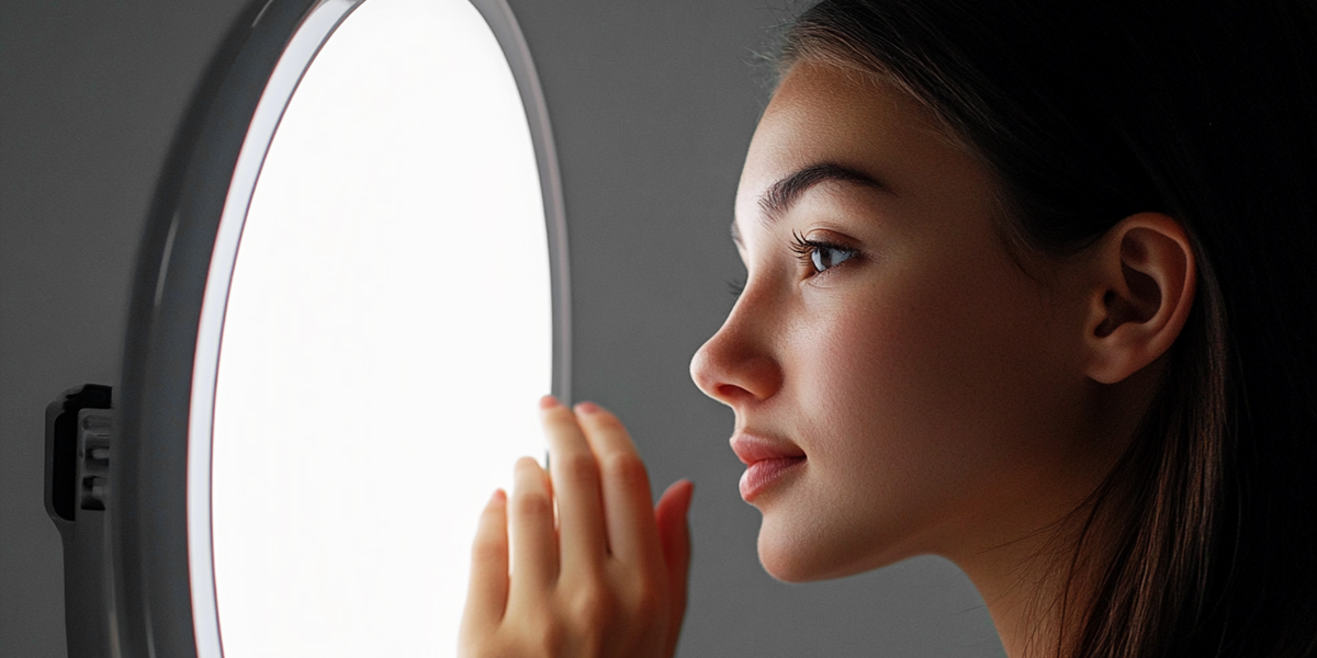 Person standing in front of a white light therapy device