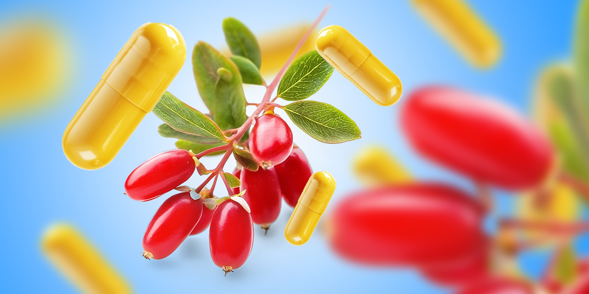 Berberines on a stick and berberine supplements flying in blue background