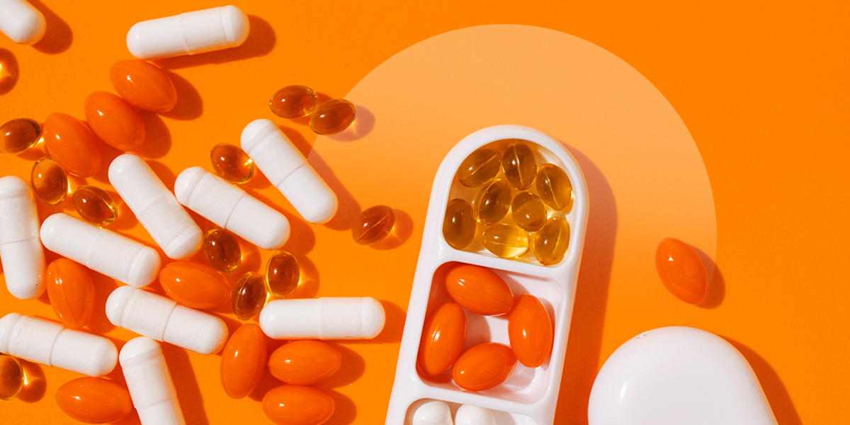 Collage of pills set on an orange background