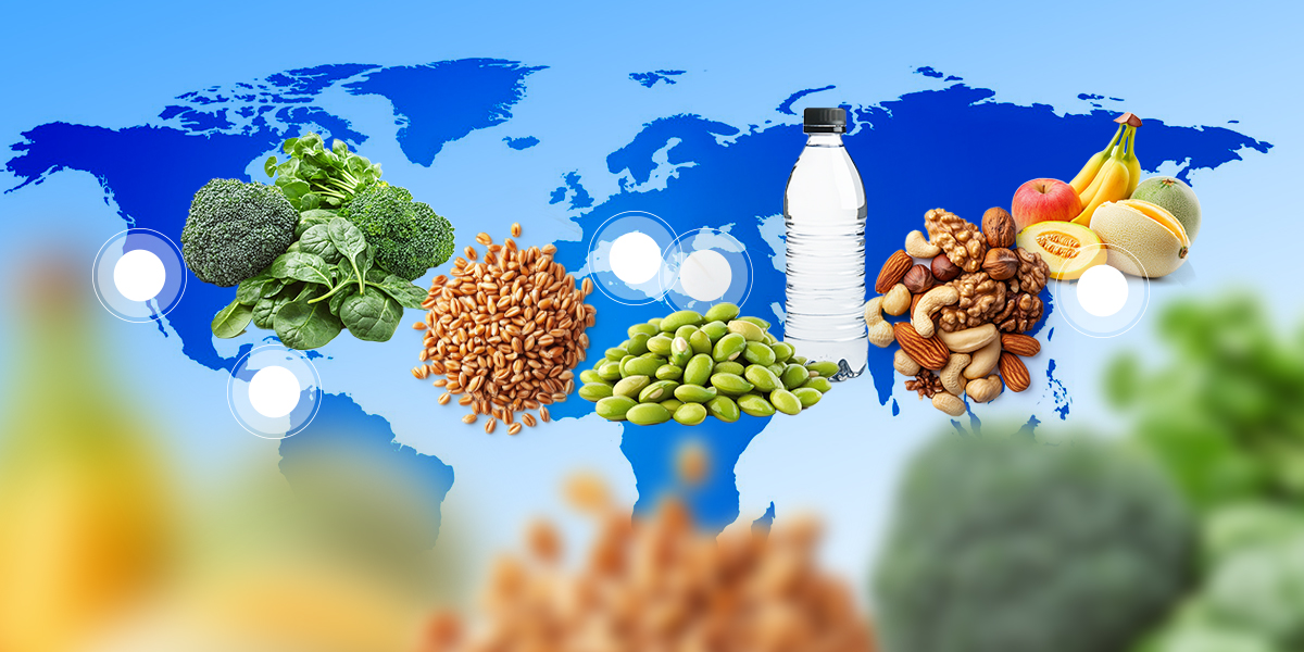 World map with different foods showing the blue zone diet