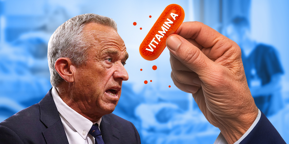 RFK Jr speaking while holding an orange vitamin A capsule on blue medical scene background