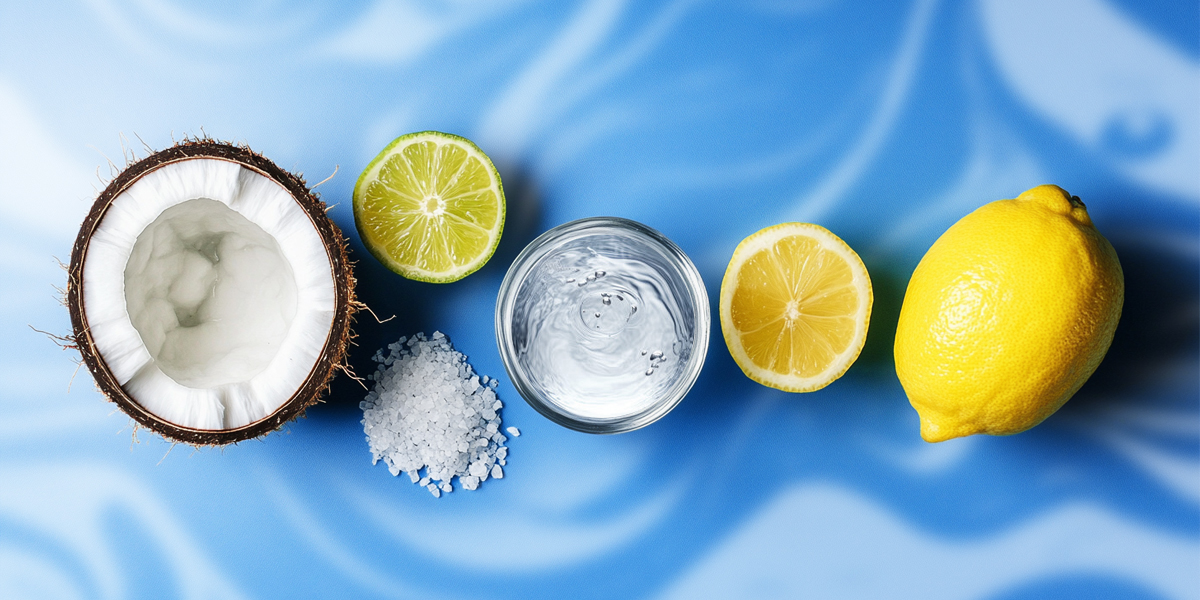 Coconut, lime, lemons, and salt crystals on a blue and white swirl background