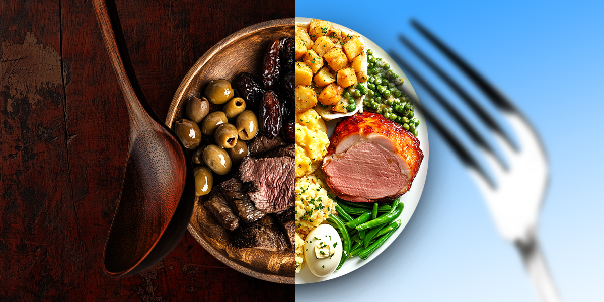 Plate divided into two showing Jesus last supper and current day's Easter dinner