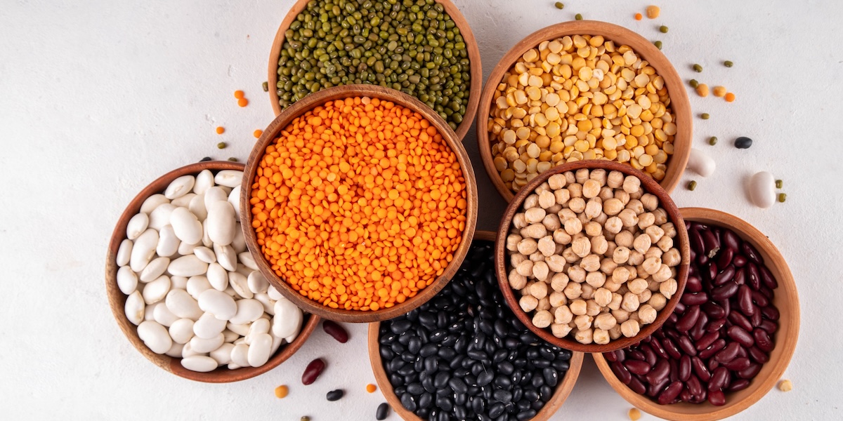 Bowls of lentils, beans, and chickpeas