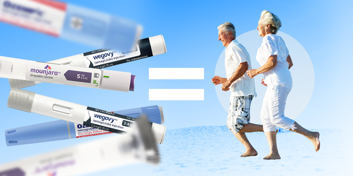 GLP-1 medications, Wegovy, Ozempic, and Mounjaro, next to two individuals who are exercising