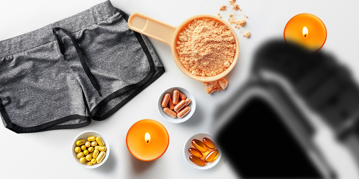 Gym shorts, paraffin wax candle, protein powder and herbal supplement pills