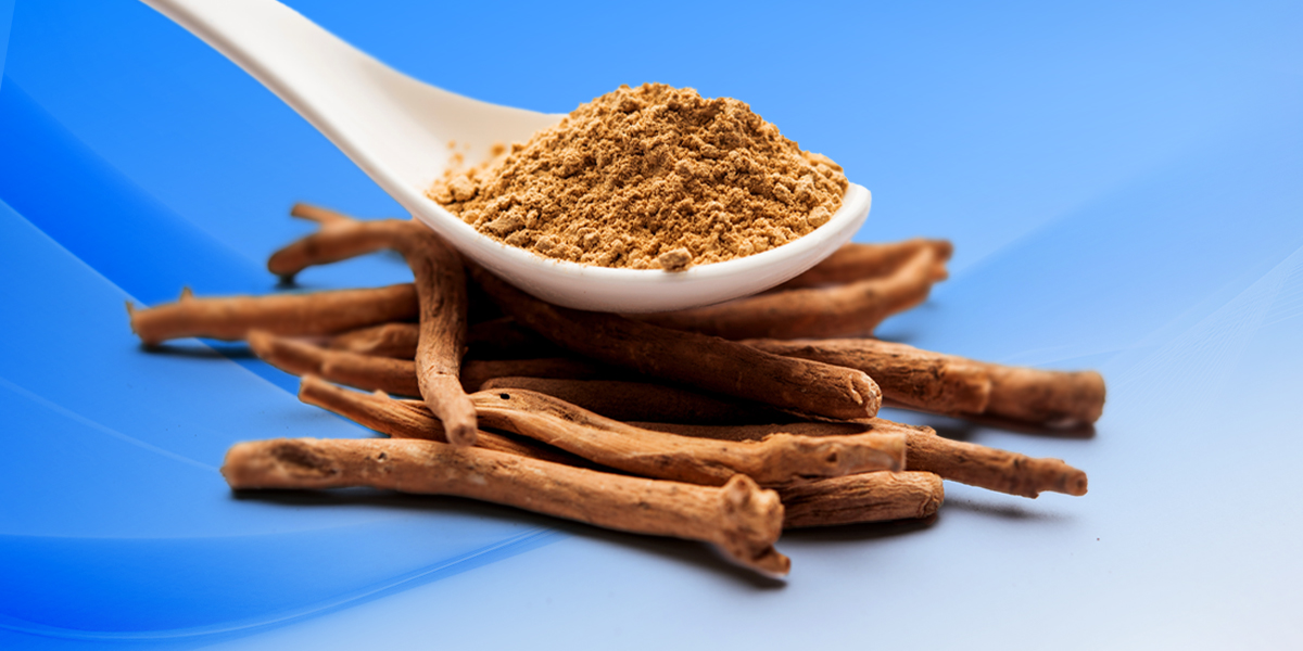 Ashwagandha in blue background with spoon
