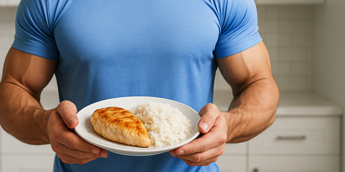 Muscular person holding a plate of food in the kitchen