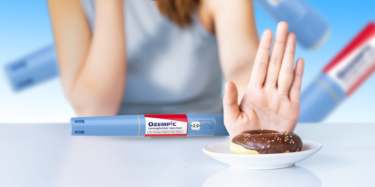 Person saying no to a donut on a plate with ozempic drug in the background