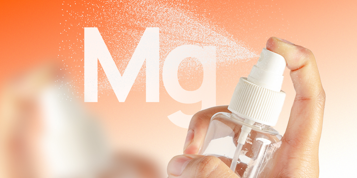 Illustration of Mg letters and a spray, set against an orange background