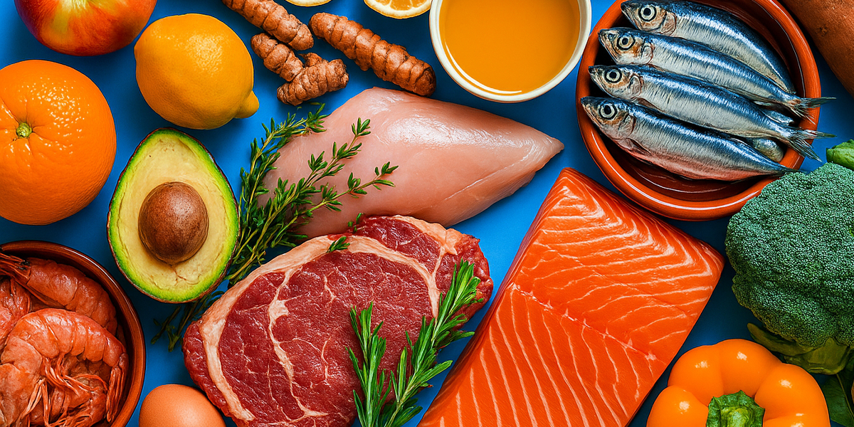 Various foods in blue background all part of AIP diet
