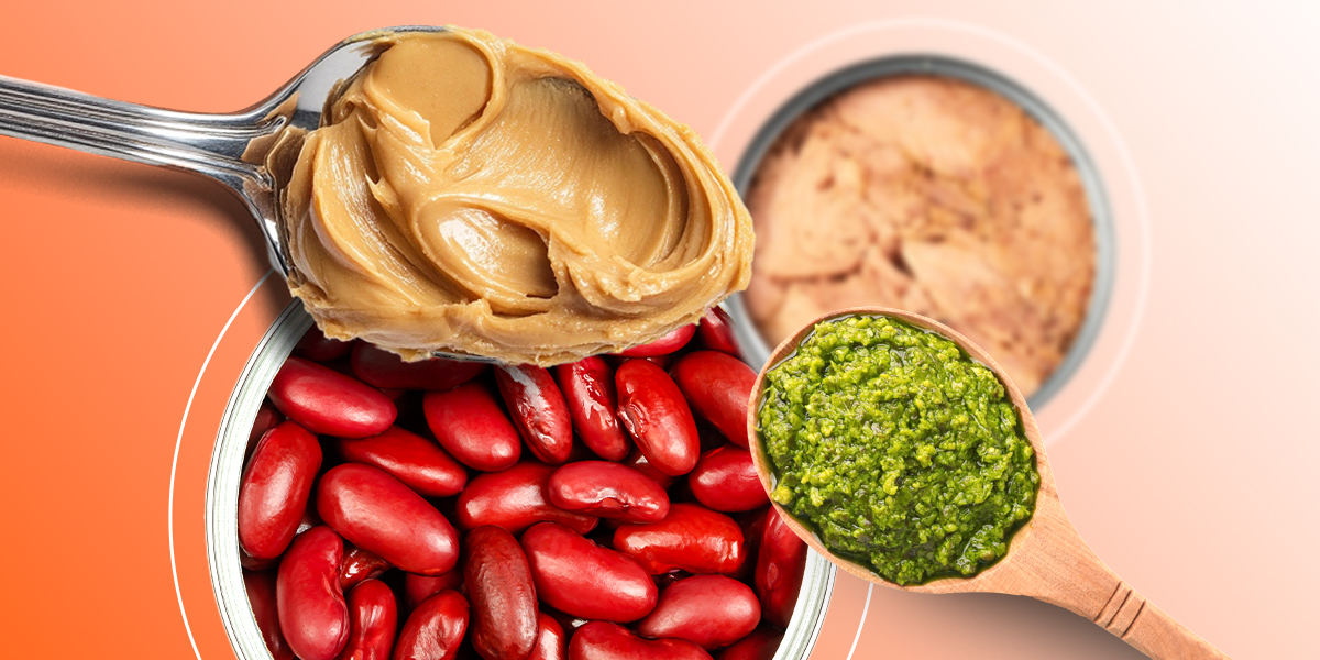 A spoon of peanut butter, a spoon of pesto, a bowl of beans, and a can of tuna