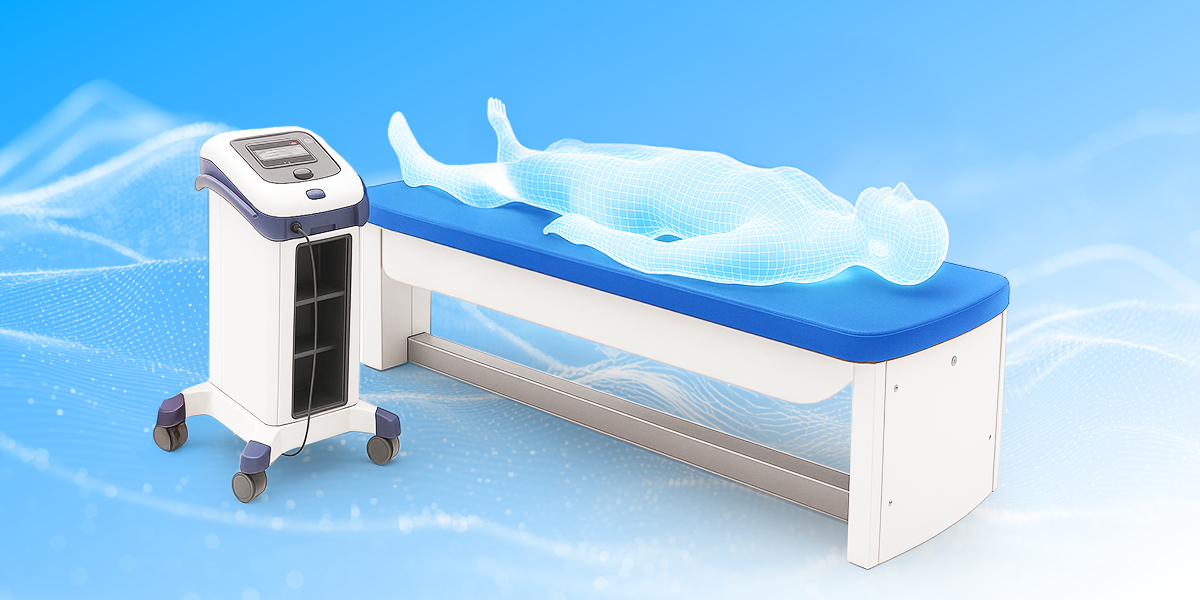 Illustration of a blue body laying down on a medical PEMF bed in blue electro wave background