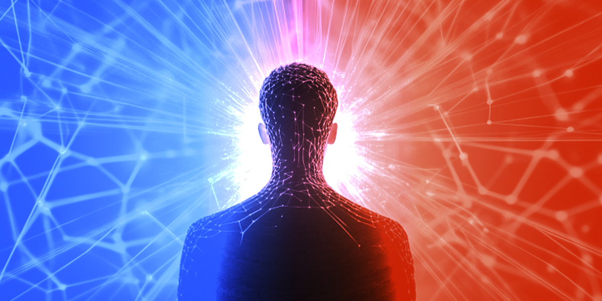 Person facing back with blue and red color illuminating from each side